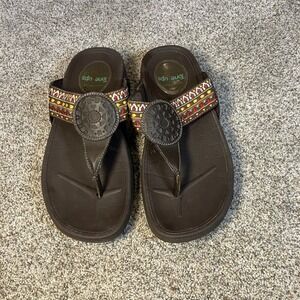 Skechers Tone-ups Brown Embroidered Wedge Thong Sandals Womens 7 Boho Festival